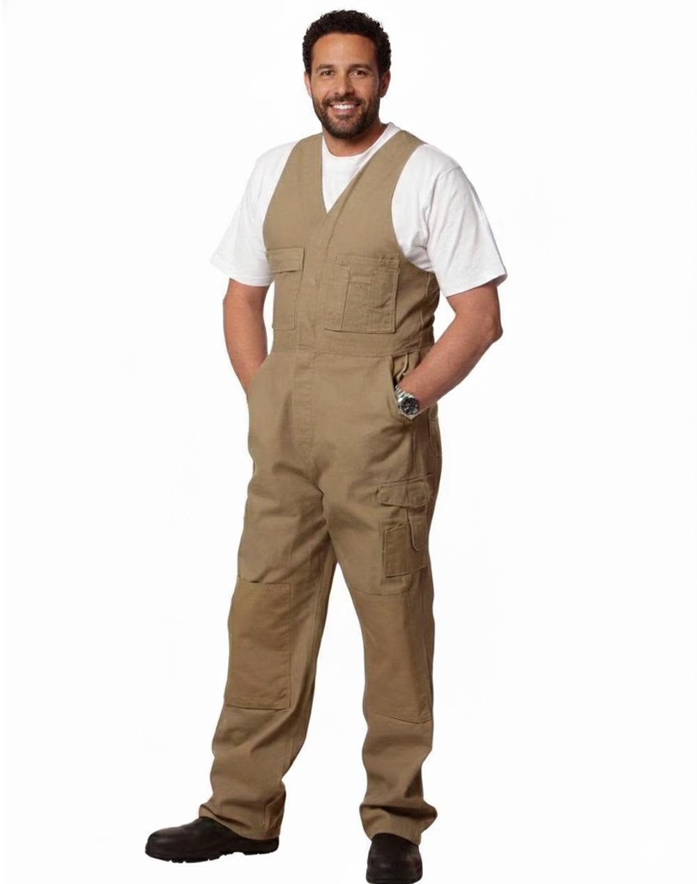 Men's DURA WEAR action back overalls in khaki, featuring multiple pockets and a logo, worn by a man. Men's DURA WEAR Action Back Overall-Regular - Image 1
