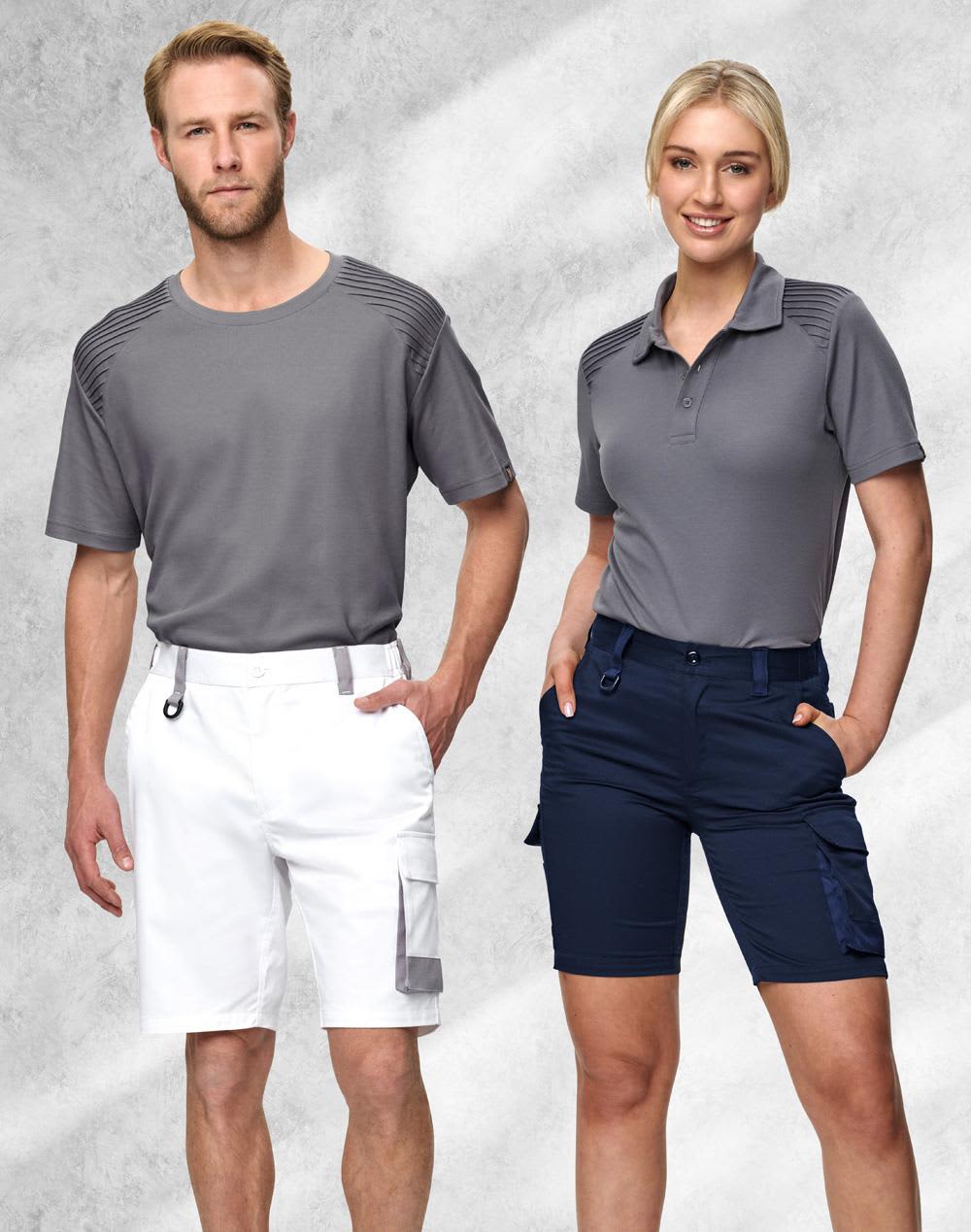 Unisex utility stretch cargo work shorts in navy, featured with a logo, styled alongside a grey t-shirt and polo. Unisex Utility Stretch Cargo Work Shorts - Image 1