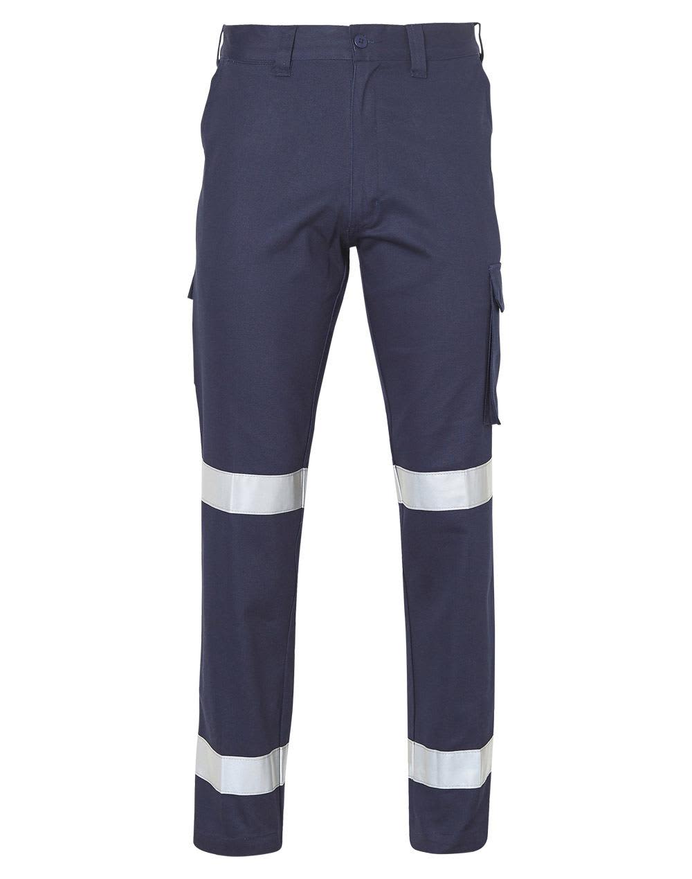 Long fit drill pants in navy blue with reflective 3M tapes and side pocket on leg. Features logo branding. Long fit drill pants with 3M tapes / pocket on leg - Image 1