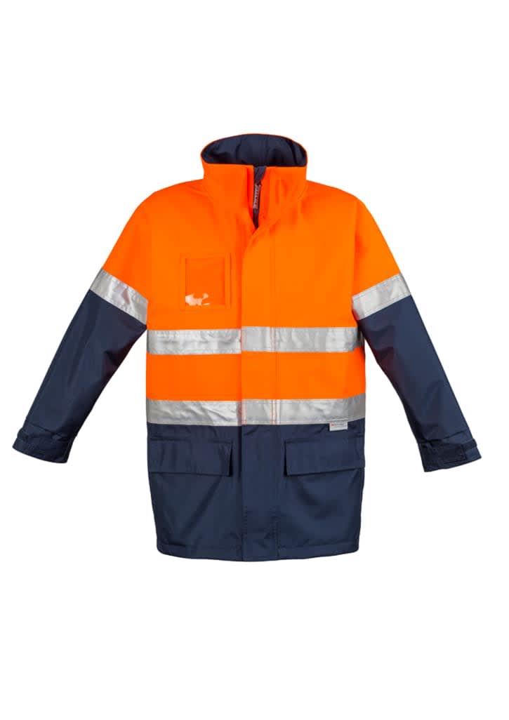 A high visibility waterproof jacket in orange and navy blue, featuring reflective strips and a logo. Mens Hi Vis Waterproof Lightweight Jacket - Image 1