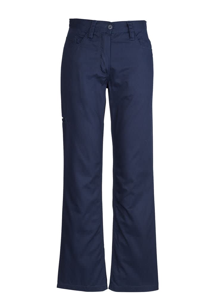 A pair of navy plain utility pants, featuring a straight-leg design and a pocket on the side. Womens Plain Utility Pant - Image 1