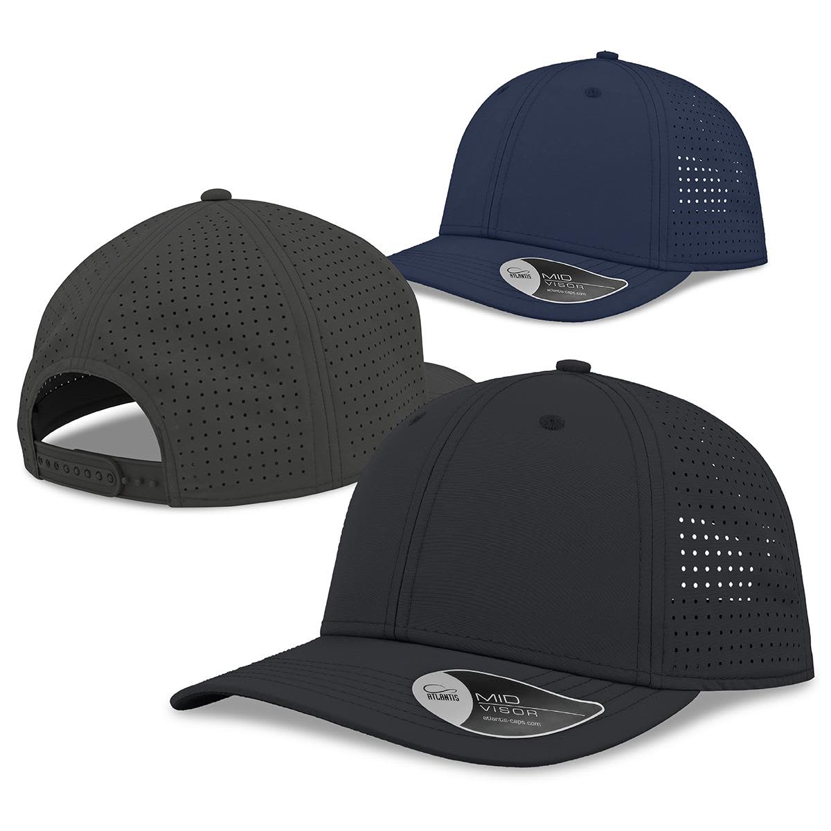 Three caps featuring a structured design in black and navy, with perforated panels and a logo on the front. Breezy - Image 1