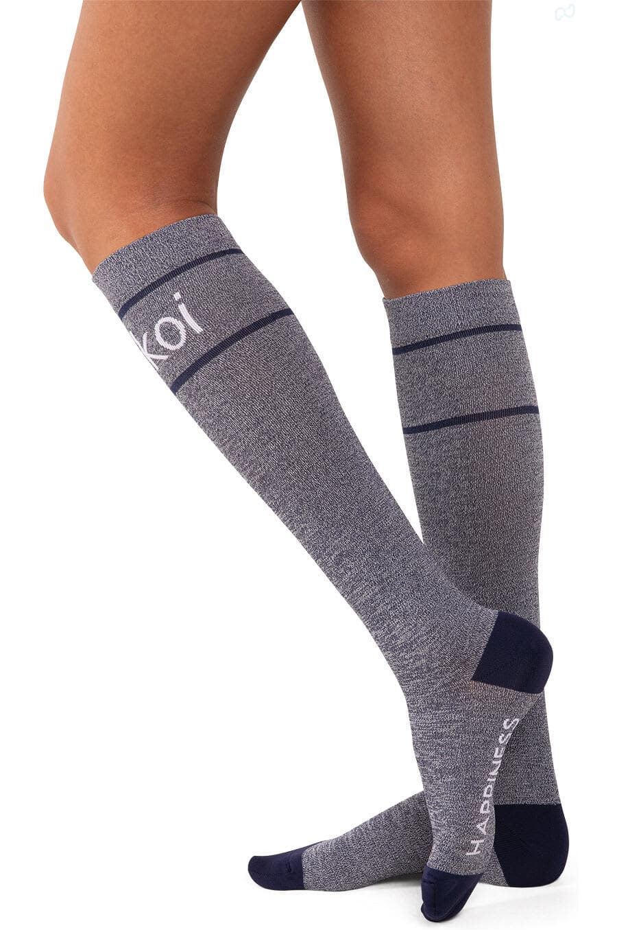 Compression socks in grey with navy detailing, featuring a logo. Designed to reach just below the knee. Compression Socks (1 pair) - Image 1