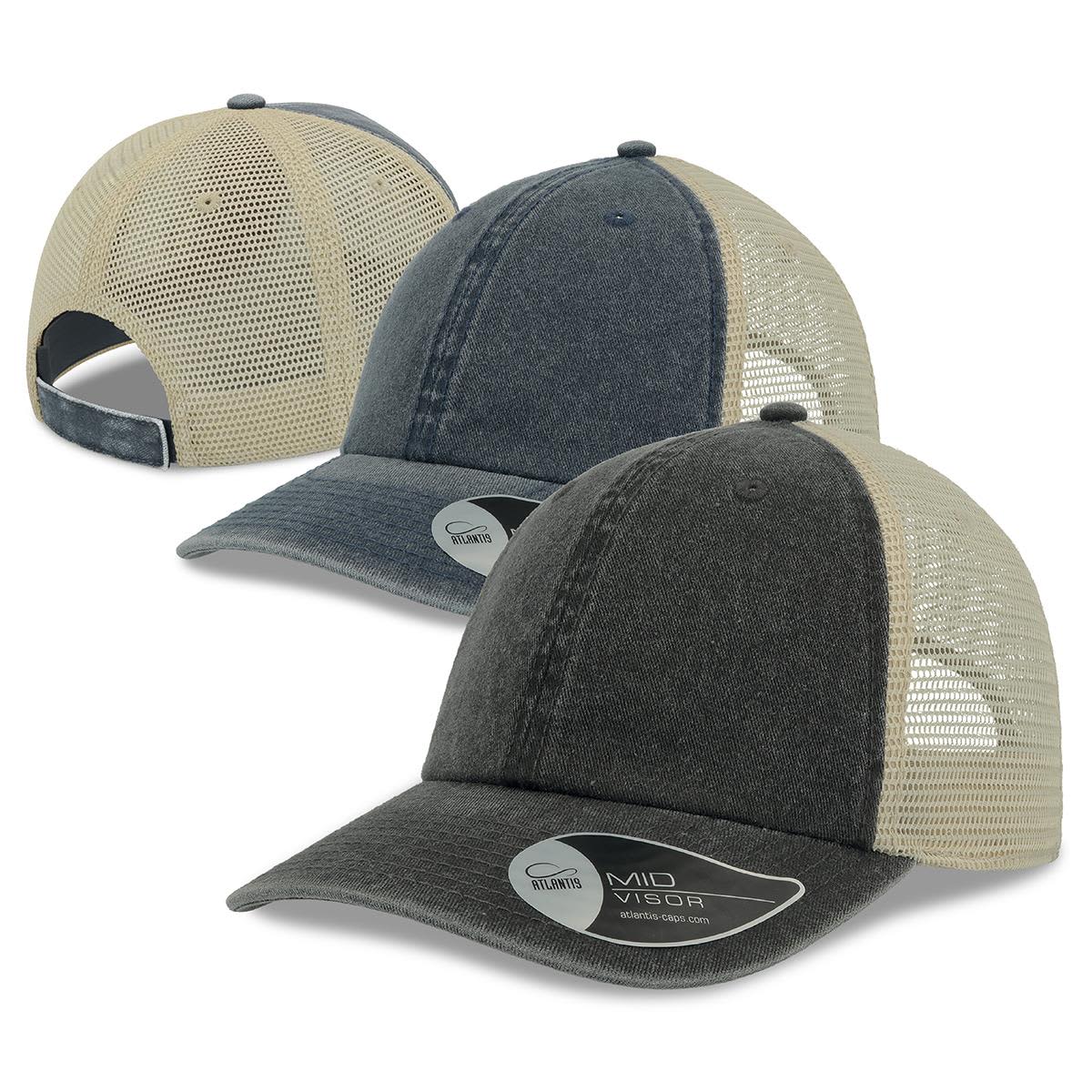 A range of trucker caps featuring a dark grey front and beige mesh sides, with one cap showing the back view. Case Trucker - Image 1