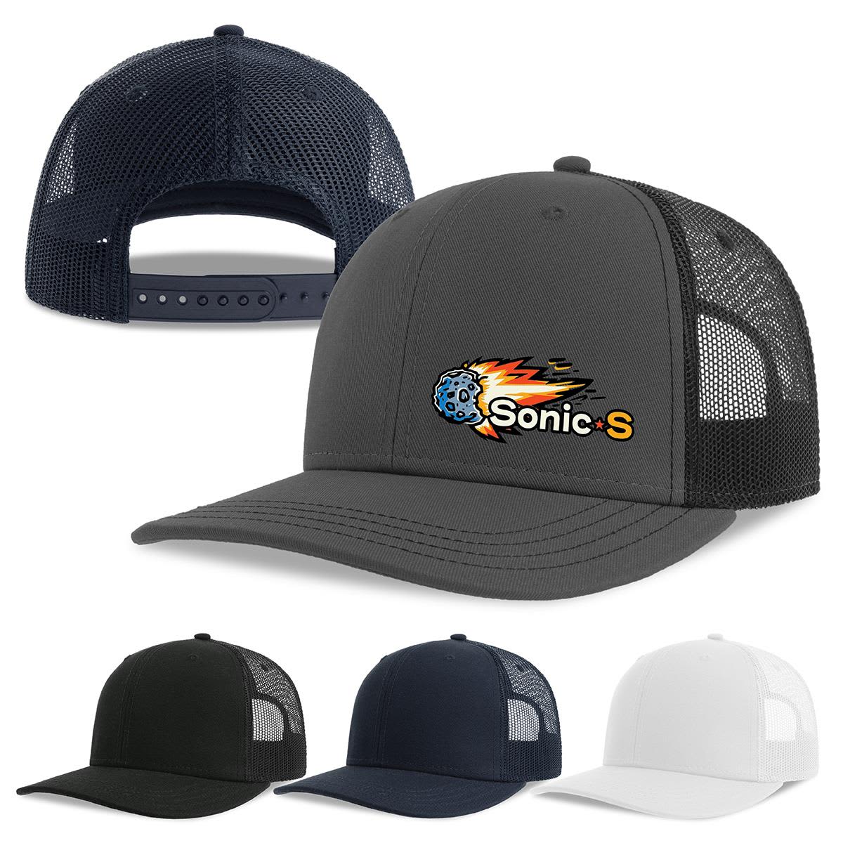 A grey organic/recycled trucker cap with a mesh back, featuring a logo, available in black, navy, and white options. Sonic-S Organic/Recycled Trucker - Image 1