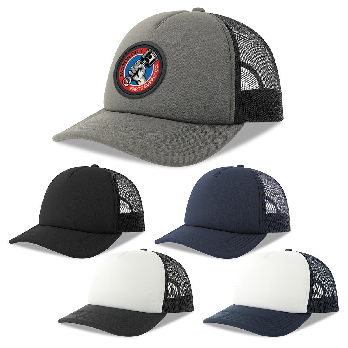 A trucker cap in grey with a logo, accompanied by black, navy, and white variations. Rapper-S Recycled Polyester - Image 1