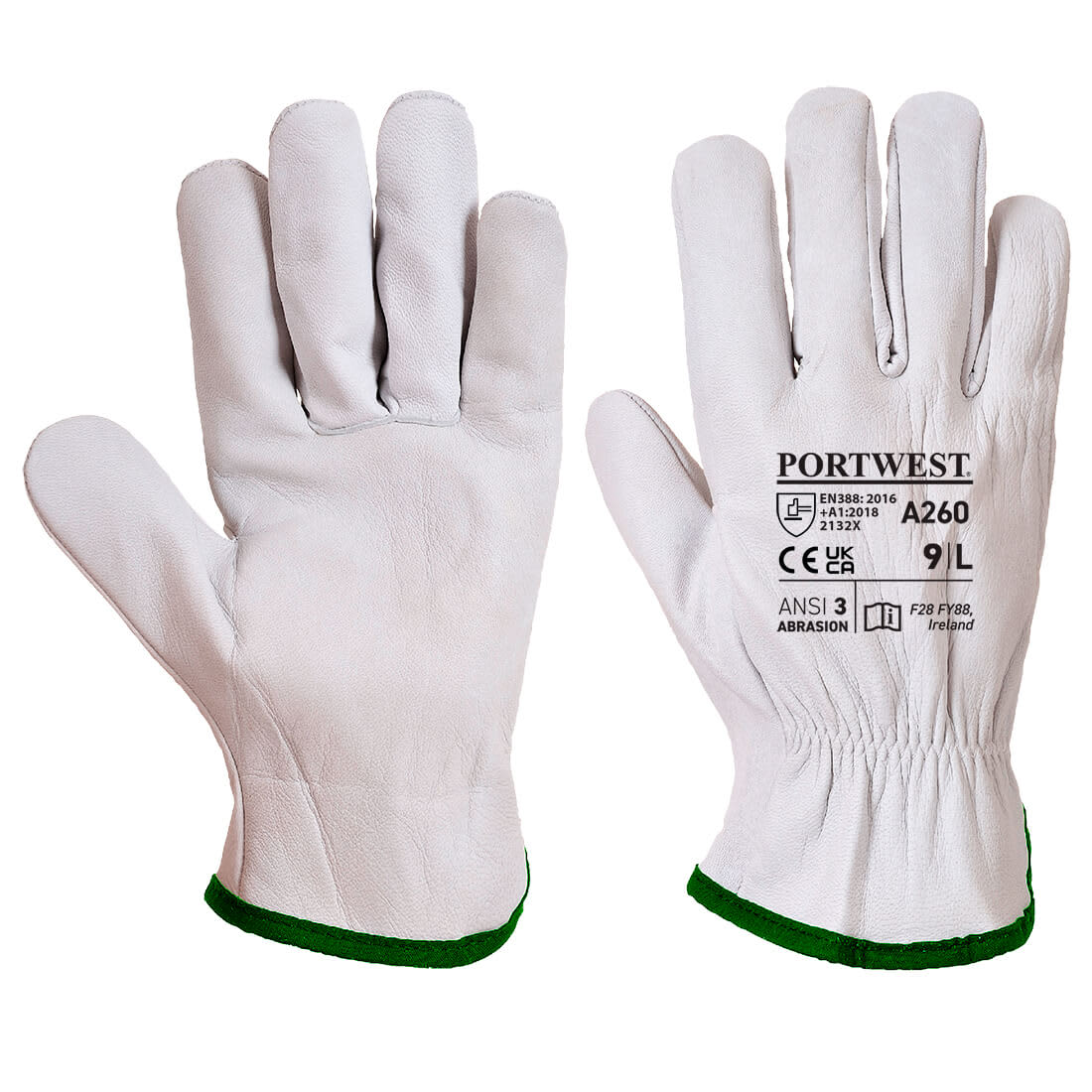 A pair of white gloves with a green cuff, featuring branding on one side. Oves Driver Glove - Image 1