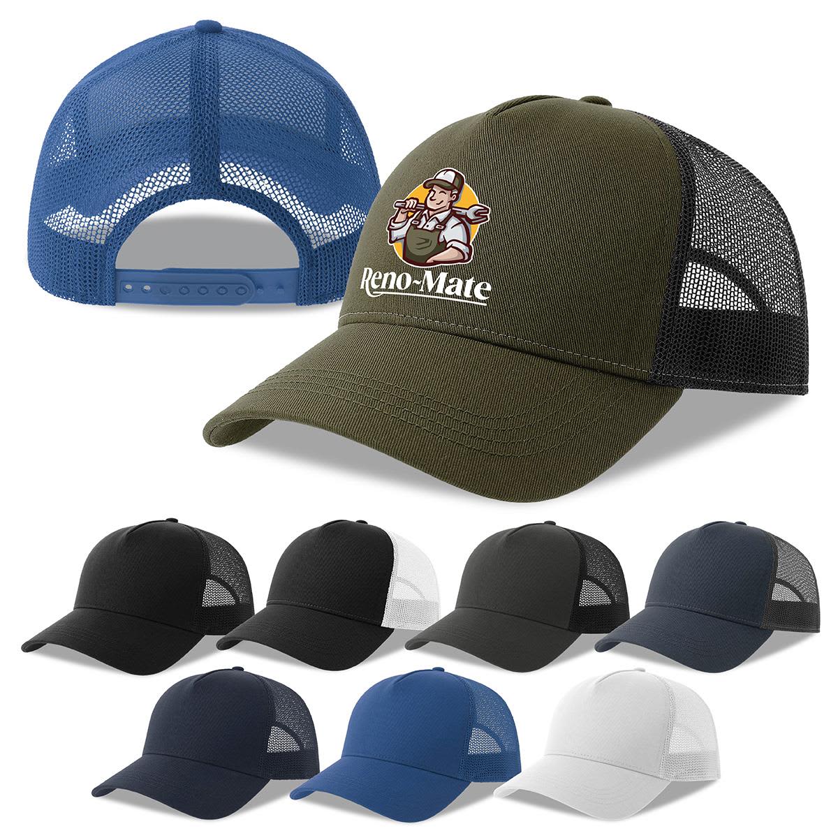 A green trucker cap with a logo, featuring a mesh back and available in various colours including black, white, and navy. Rapper Cotton-S Organic/Recycled - Image 1