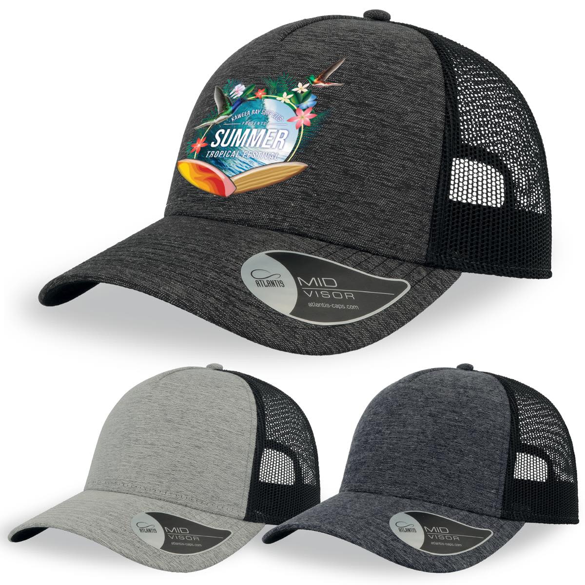 A black and grey cap with a mesh back, featuring a floral graphic and logo on the front and available in three colours. Rapper Melange - Image 1