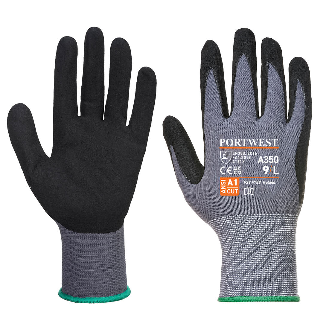 A pair of grey and black Dermiflex gloves with a textured grip and a green cuff. The gloves feature a logo. DermiFlex Glove - Image 1