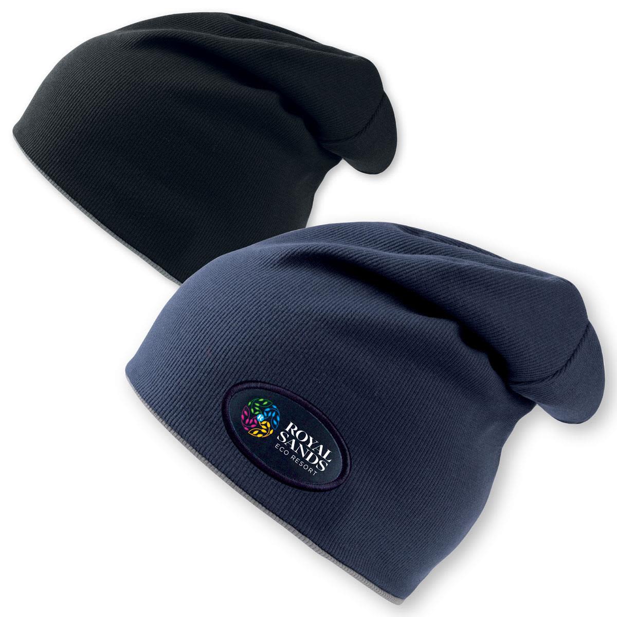 Two beanies in black and navy blue, featuring a logo on one side, showcased together. Extreme Beanie - Image 1