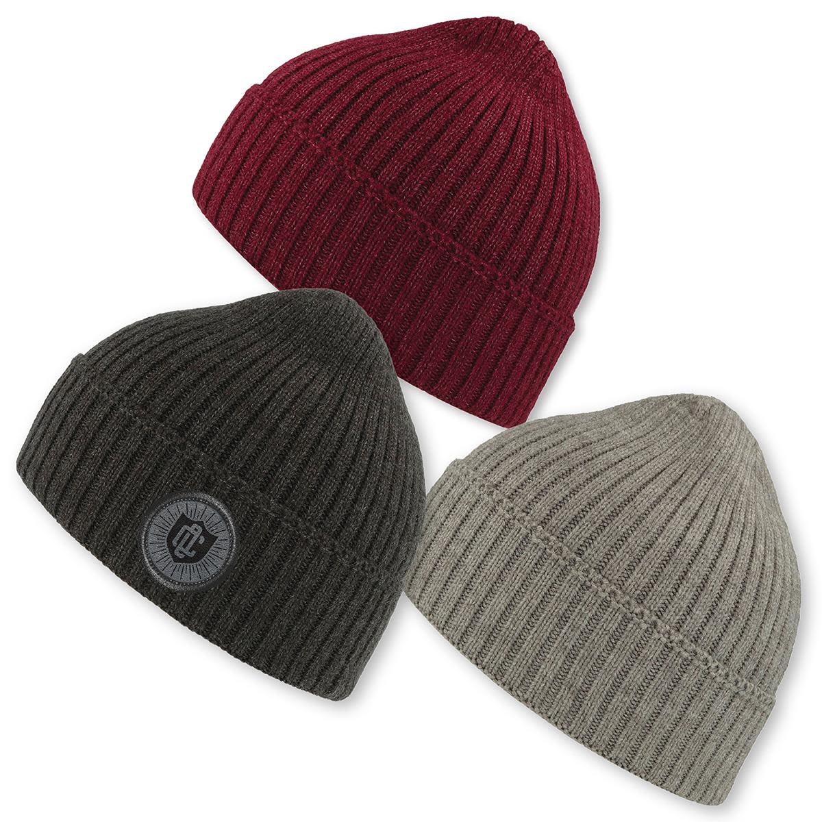 Three ribbed beanies in burgundy, grey, and dark green, each featuring a logo on one. Viral Beanie - Image 1