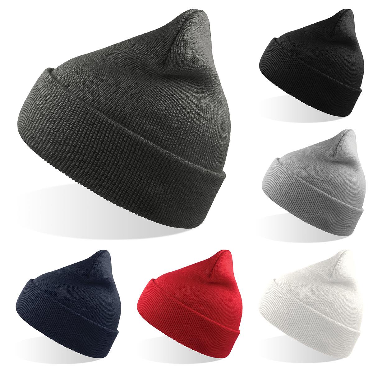 A collection of beanies in various colours: grey, black, red, navy, white, and light grey, featuring a logo. Wind-S Beanie - Recycled Polyester - Image 1