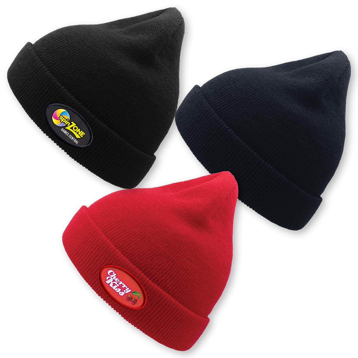 A collection of three beanies in black, navy, and red, each featuring a logo. Kid Wind Beanie - Image 1