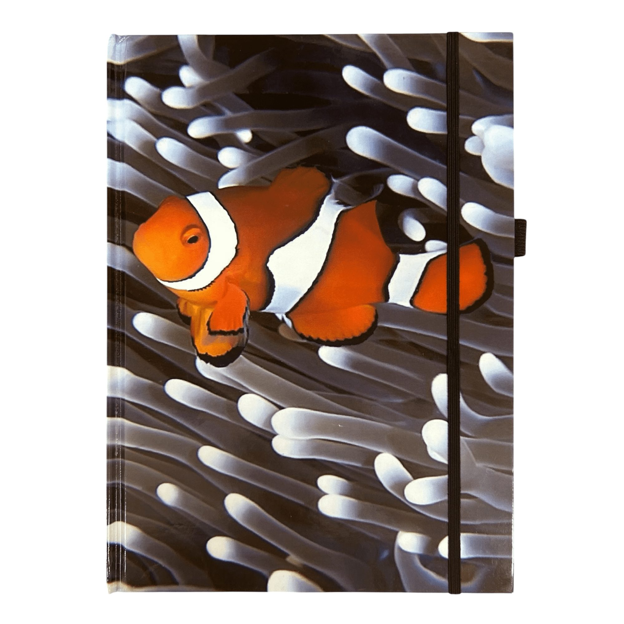A hard cover notebook featuring a vibrant orange clownfish design on a black and white background, with an elastic closure. Sustainable A4 Hard Cover Notebook - Image 1