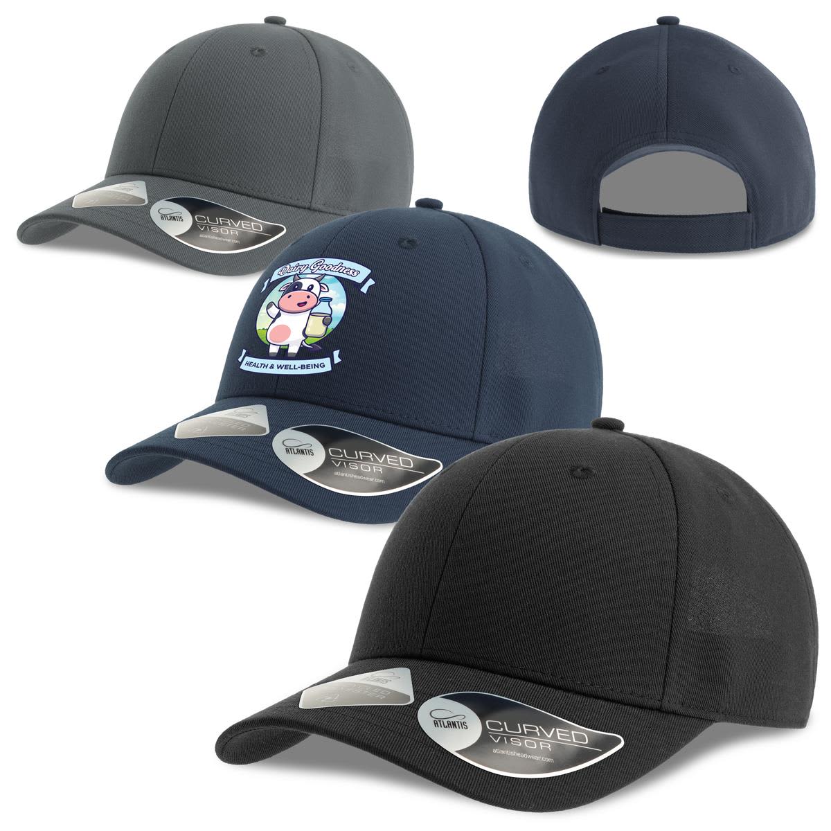 A collection of caps in black, grey, and navy, featuring a varied design and a logo on the front. Joshua Recycled Cap - Image 1