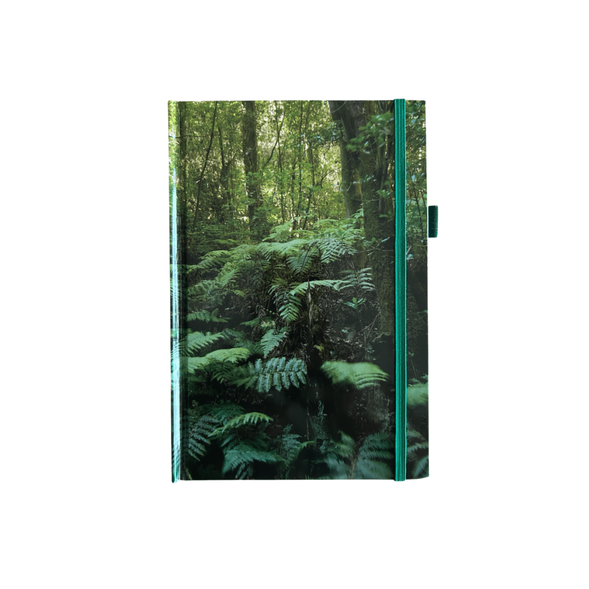 A green A5 hard cover notebook featuring a design of lush ferns and trees. Includes a logo on the cover. Sustainable A5 Hard Cover Notebook - Image 1