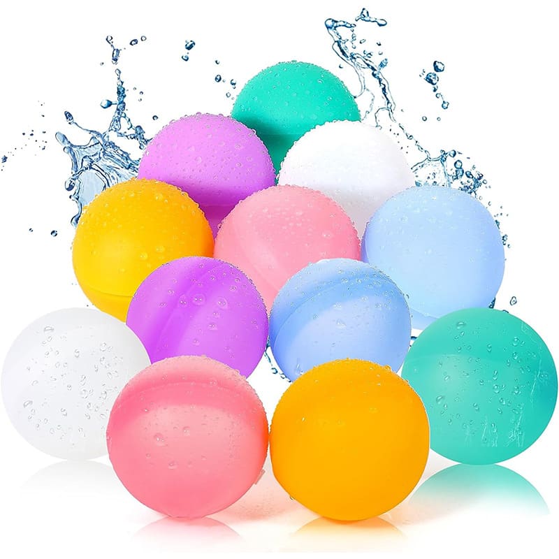 A collection of colourful water balls in purple, pink, blue, green, white, and orange, with droplets of water on them. Pool Play Toy - Image 1