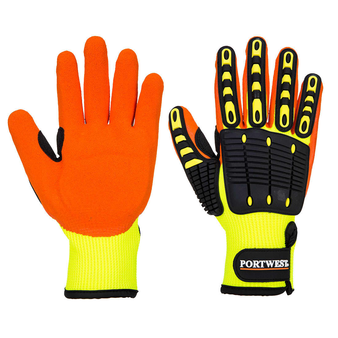 Bright orange and yellow anti-impact grip gloves with textured palms and a branded logo displayed. Impact 15 Nitrile Reinforced Palm Glove - Image 1