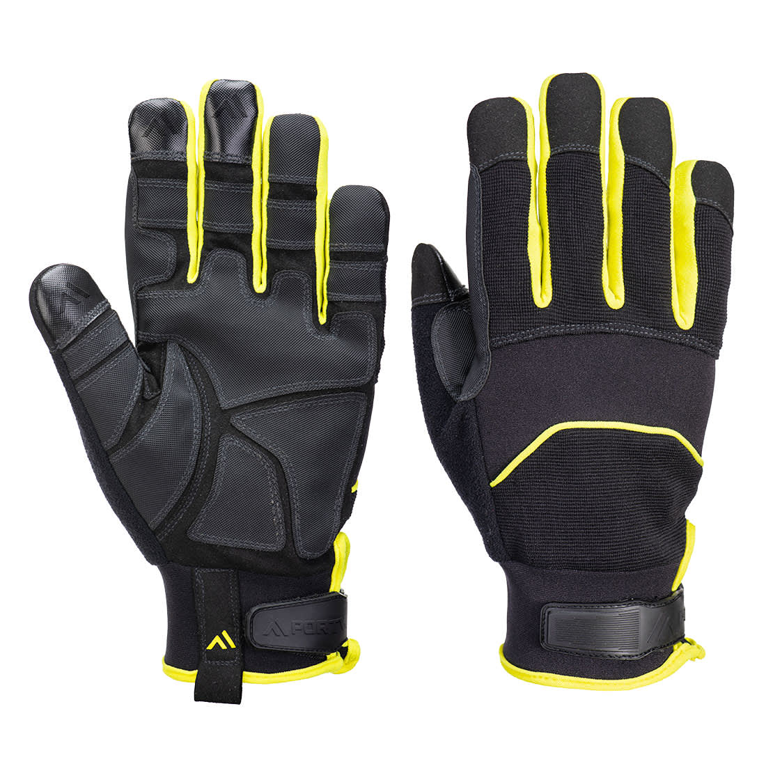 A pair of black needle-resistant gloves with yellow accents and a textured grip. One glove is shown from the front, and the other from the back. Needle Resistant Glove - Image 1