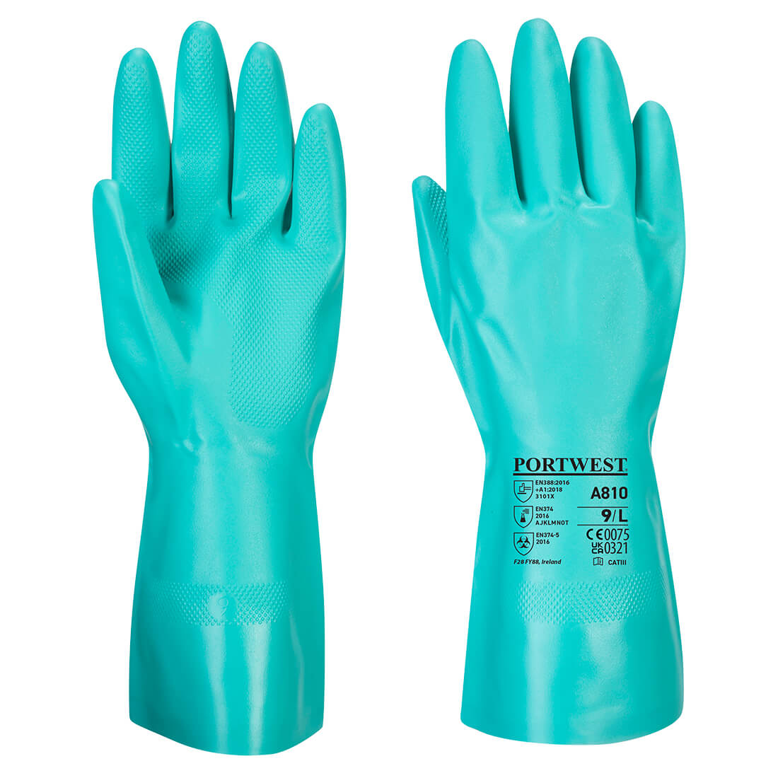 A pair of turquoise chemical gauntlet gloves with a textured grip and a logo on one glove. Nitrosafe Chemical Gauntlet - Image 1