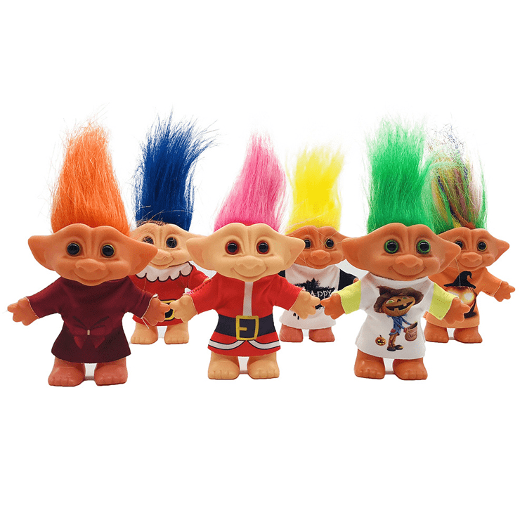 A group of colourful Troll Dolls with vibrant hair in various shades, displaying different outfits and expressions. Troll Doll - Image 1