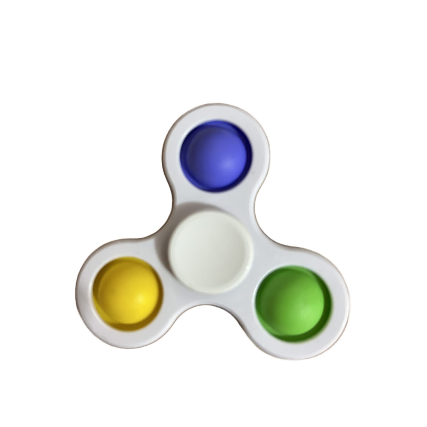 A fidget spinner featuring a white base with blue, yellow, green, and a central white button. Pop Fidget Spinner - Image 1