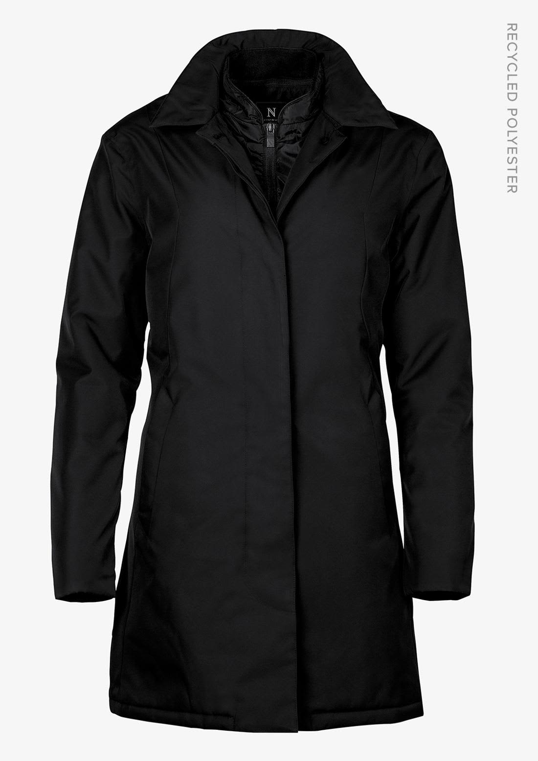 A black women's jacket with a collar and long sleeves, made from recycled polyester. It includes a logo. Abington Women Jacket - Image 1