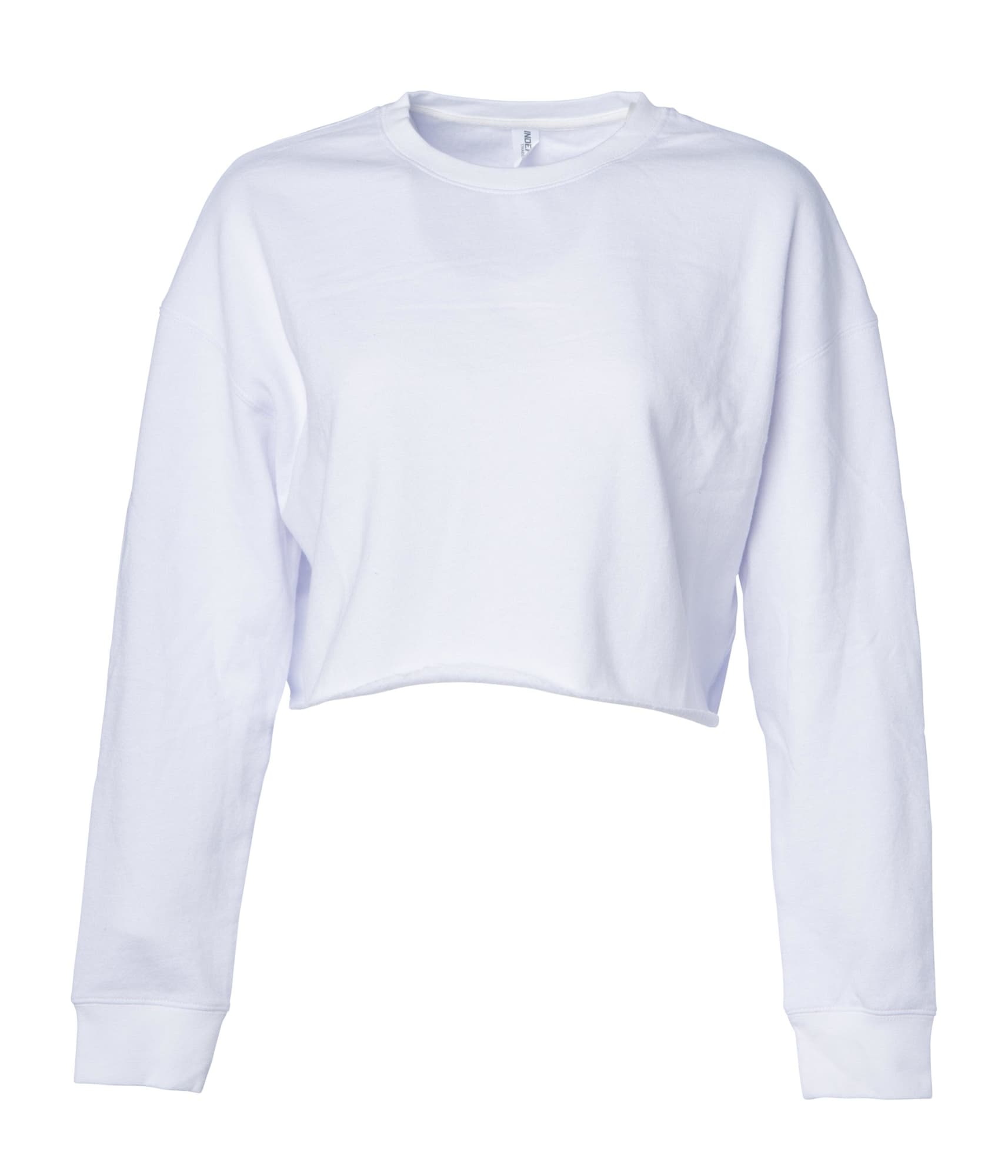 A white women's crop crew sweatshirt with long sleeves and a relaxed fit. It features a logo. Womens Crop Crew - Image 1