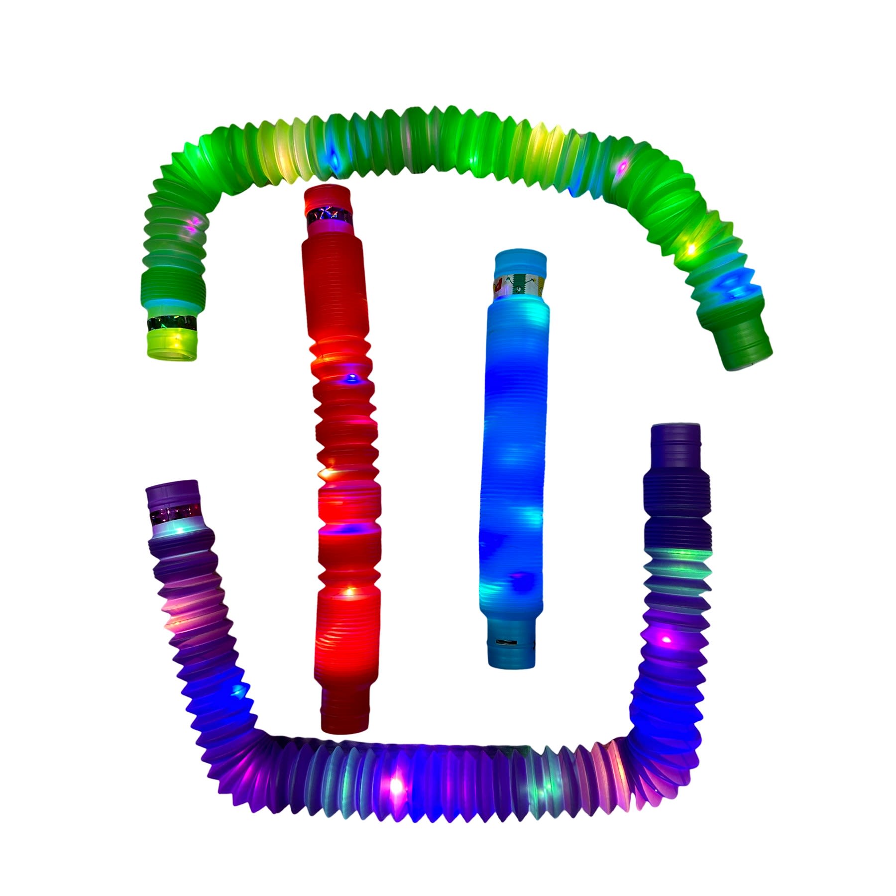 A set of brightly coloured stretchable tubes in green, red, blue, and purple, featuring integrated lights and a logo. Stretchable Tube - Image 1