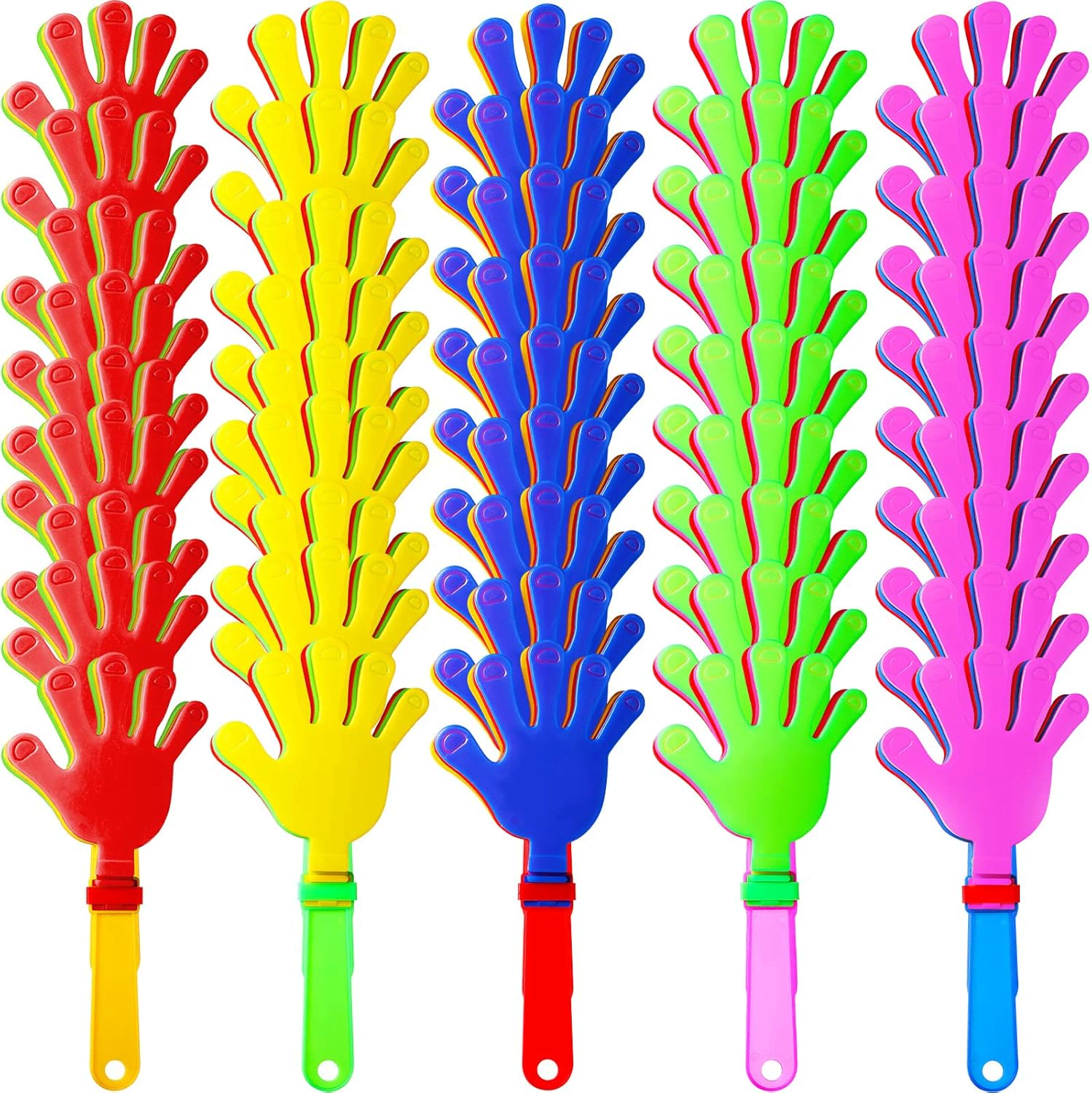 A set of five hand clappers in red, yellow, blue, green, and pink. Each features a hand design on the clapping end. Hand Clapper - Image 1