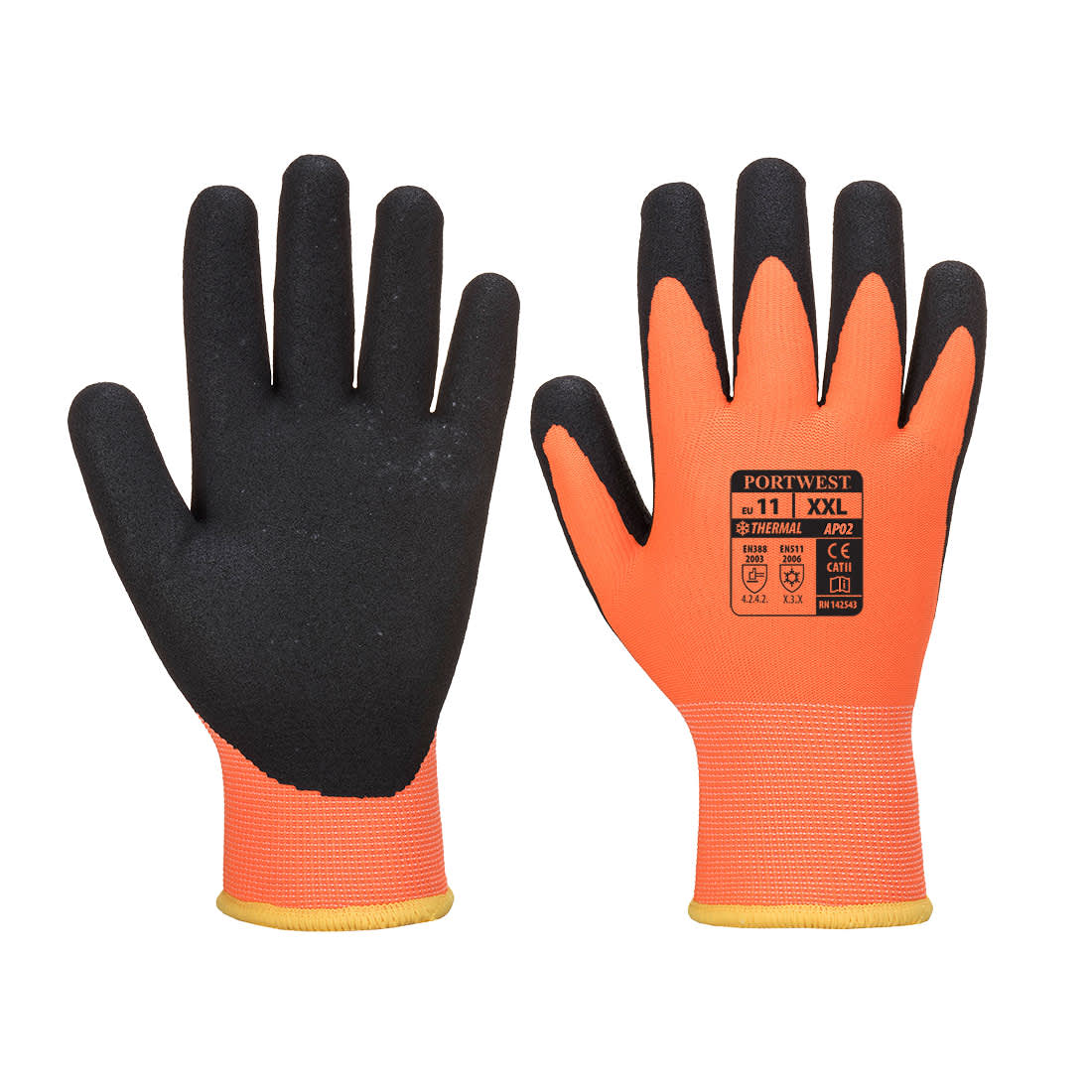 A pair of Thermo Pro Ultra Gloves featuring an orange and black design with a branded logo on one glove. Thermo Pro Ultra - Image 1