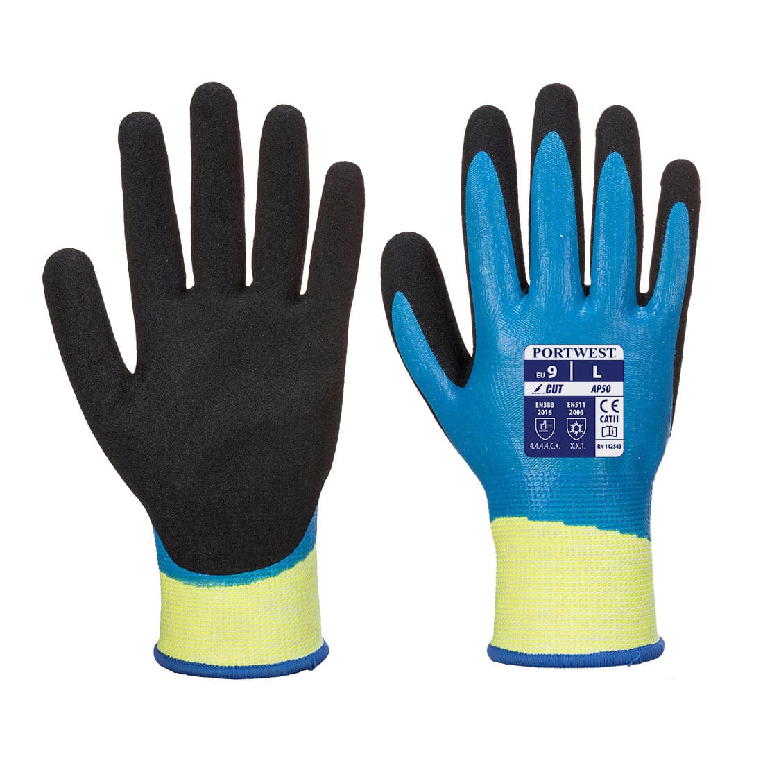 A pair of gloves featuring a blue and black design with a yellow cuff, including branding on the wrist. Aqua Cut Pro Glove - Image 1