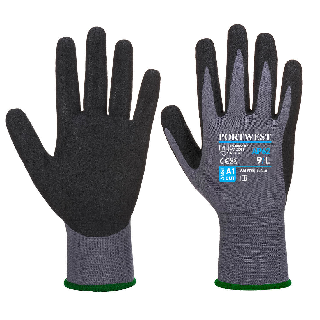 A pair of Dermiflex Aqua Gloves featuring a grey and black design with a green wrist cuff. Dermiflex Aqua Glove - Image 1