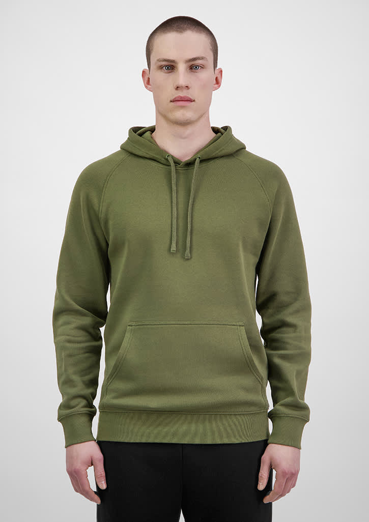 A men's olive green hoodie with a hood, front pocket, and ribbed cuffs. It has a logo on the front. Mens Basis Hoodie - Image 1