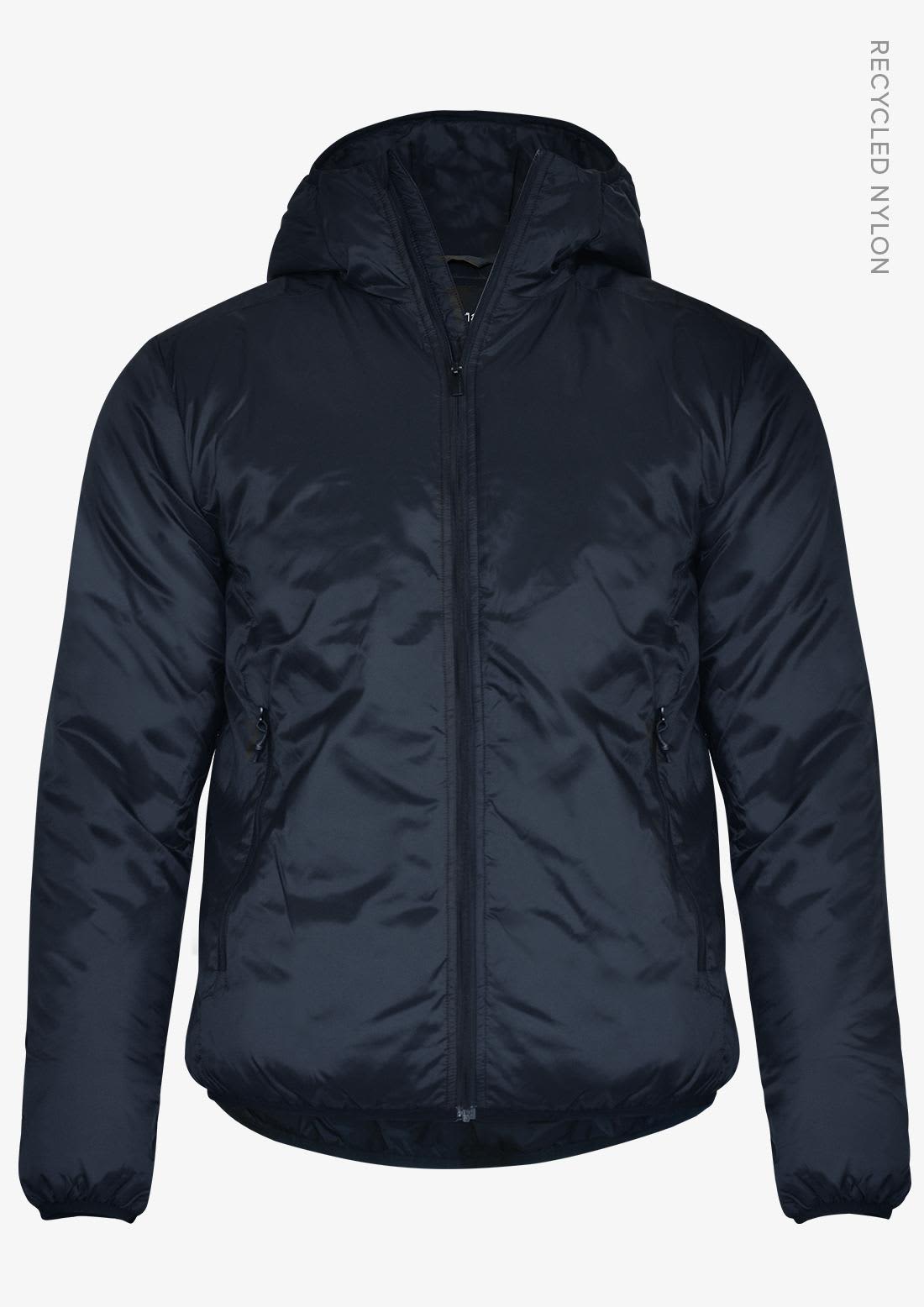 A navy blue men's jacket featuring a hood, zip closure, and two side pockets. It has a logo on the design. Aspen Men Jacket - Image 1