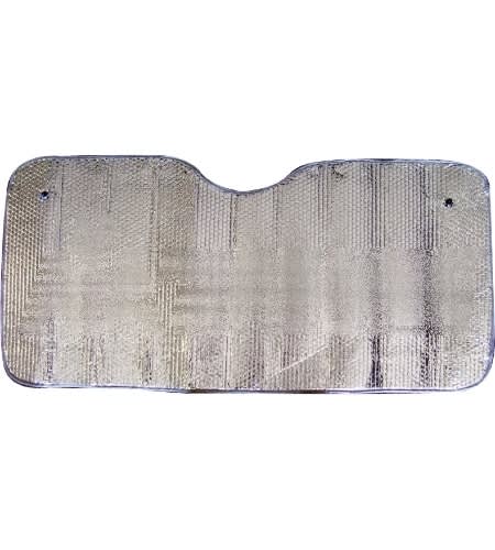 A foldable car sunshade in silver with a textured surface, featuring cutouts for rear-view mirrors and a logo. Shadex Foldable Car Sunshade - Image 1