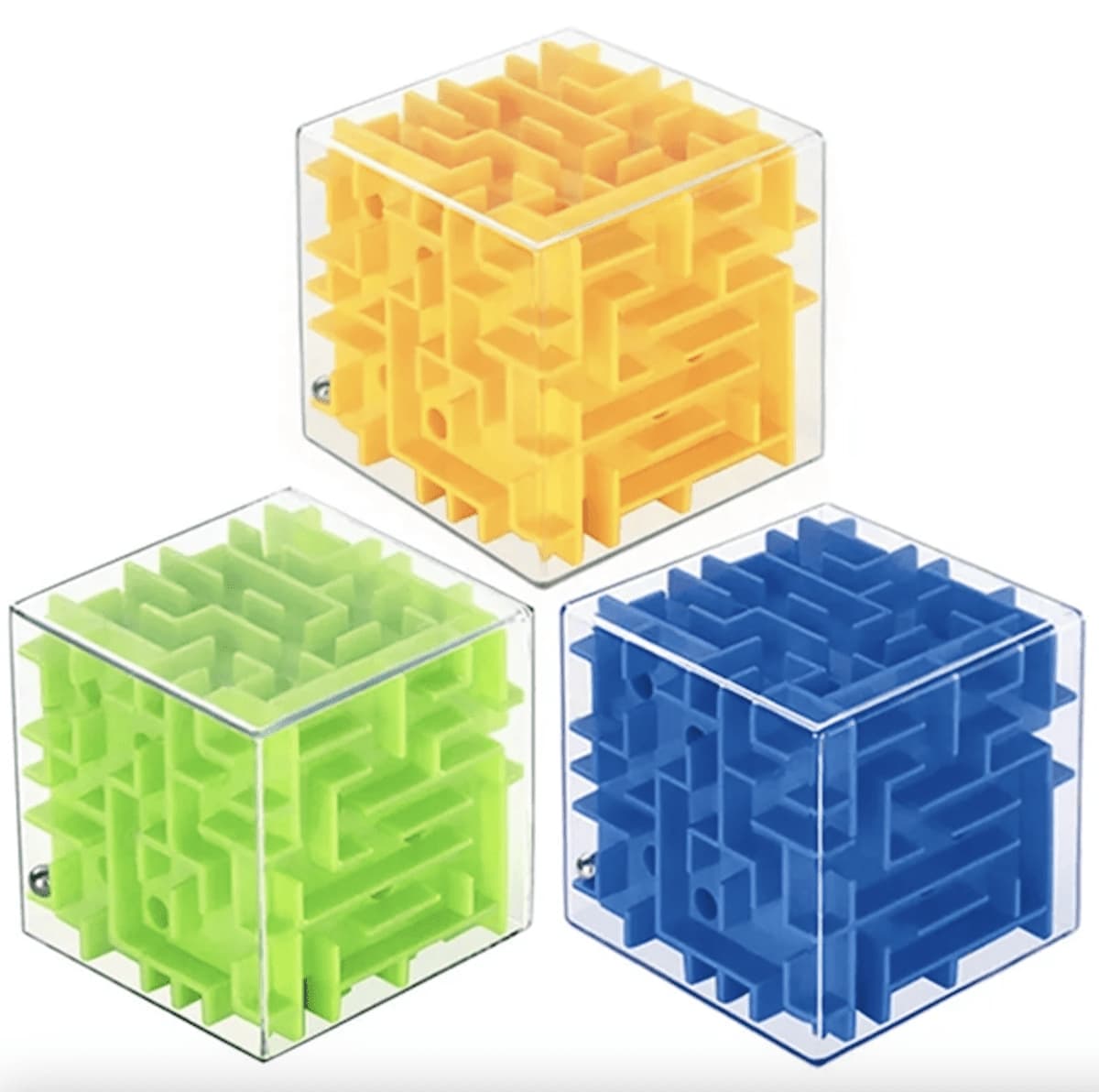 Three Maze Cube puzzles in yellow, green, and blue, each enclosed in a clear casing. Maze Cube - Image 1