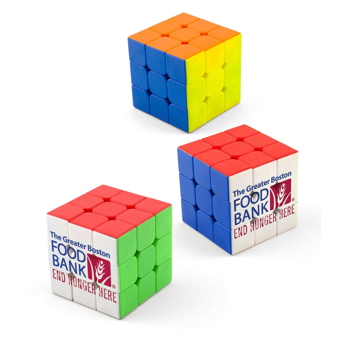 Three Puzzle Cubes in vibrant colours: orange, blue, green, and red, featuring a logo on one side. Puzzle Cube - Image 1