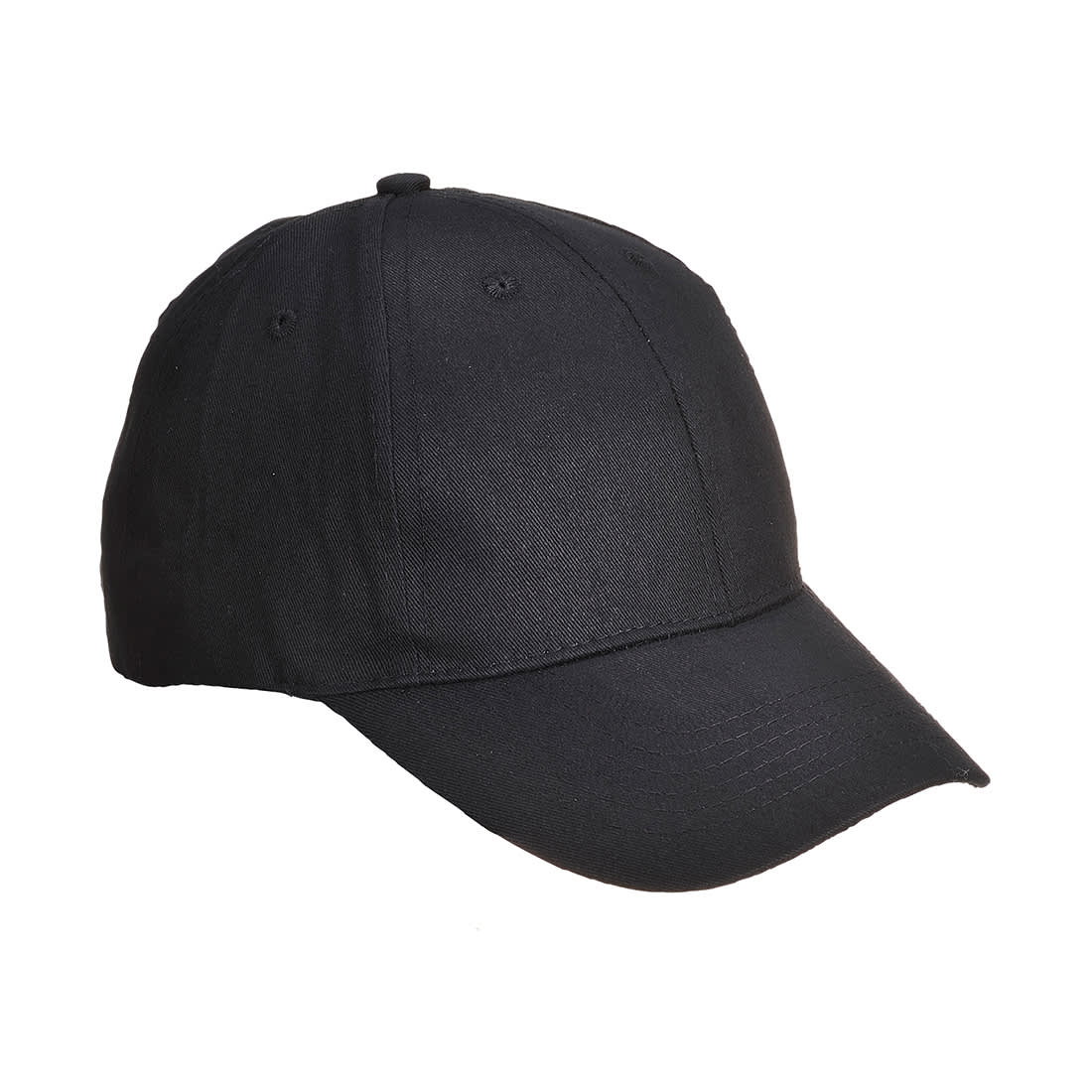 A black six-panel baseball cap with a curved brim and an adjustable strap at the back. It features a logo. Six Panel Baseball Cap - Image 1