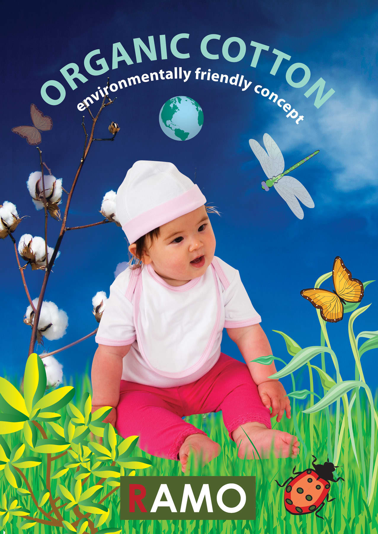 A baby cap in white is featured, surrounded by cotton plants, butterflies, and a vibrant blue sky. The image has a logo. Baby Cap - Image 1