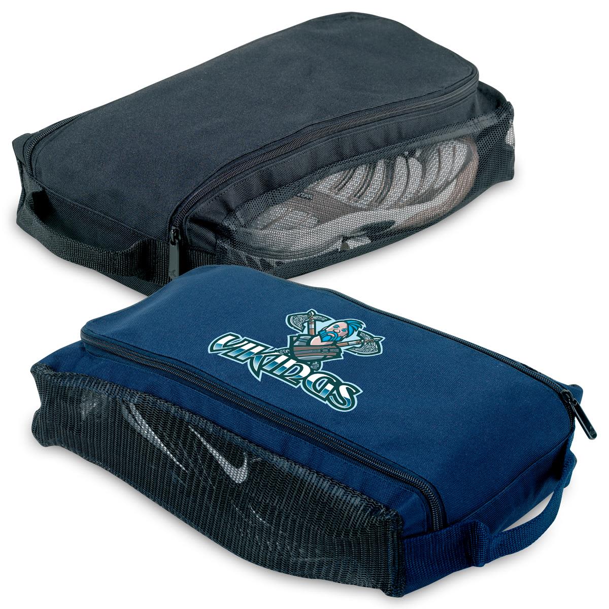 A platform shoe carrier in black and navy, featuring mesh panels and branding. Ideal for transporting shoes. Platform Shoe Carrier - Image 1