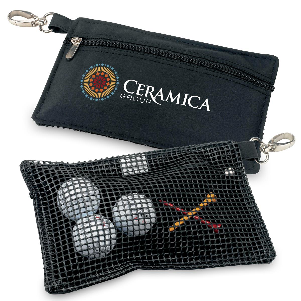 A black microfibre accessories bag with a logo, featuring a zippered compartment and a mesh side holding golf balls and tees. Microfibre Accessories Bag - Image 1