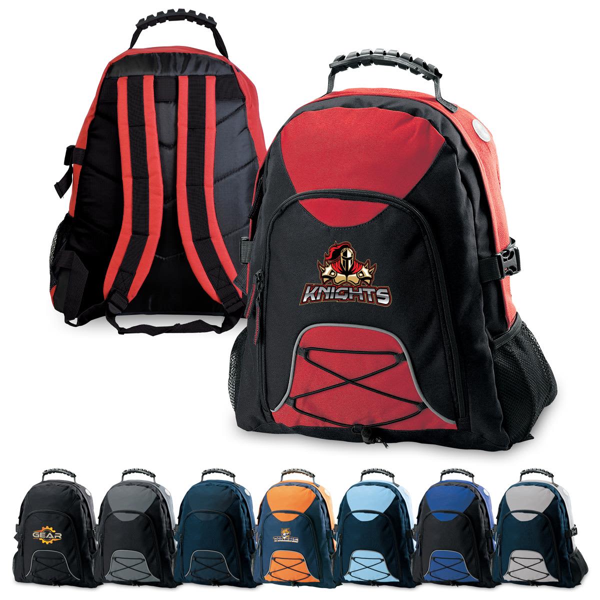 A red and black Climber Backpack with padded straps and a logo, alongside various coloured options. Climber Backpack - Image 1