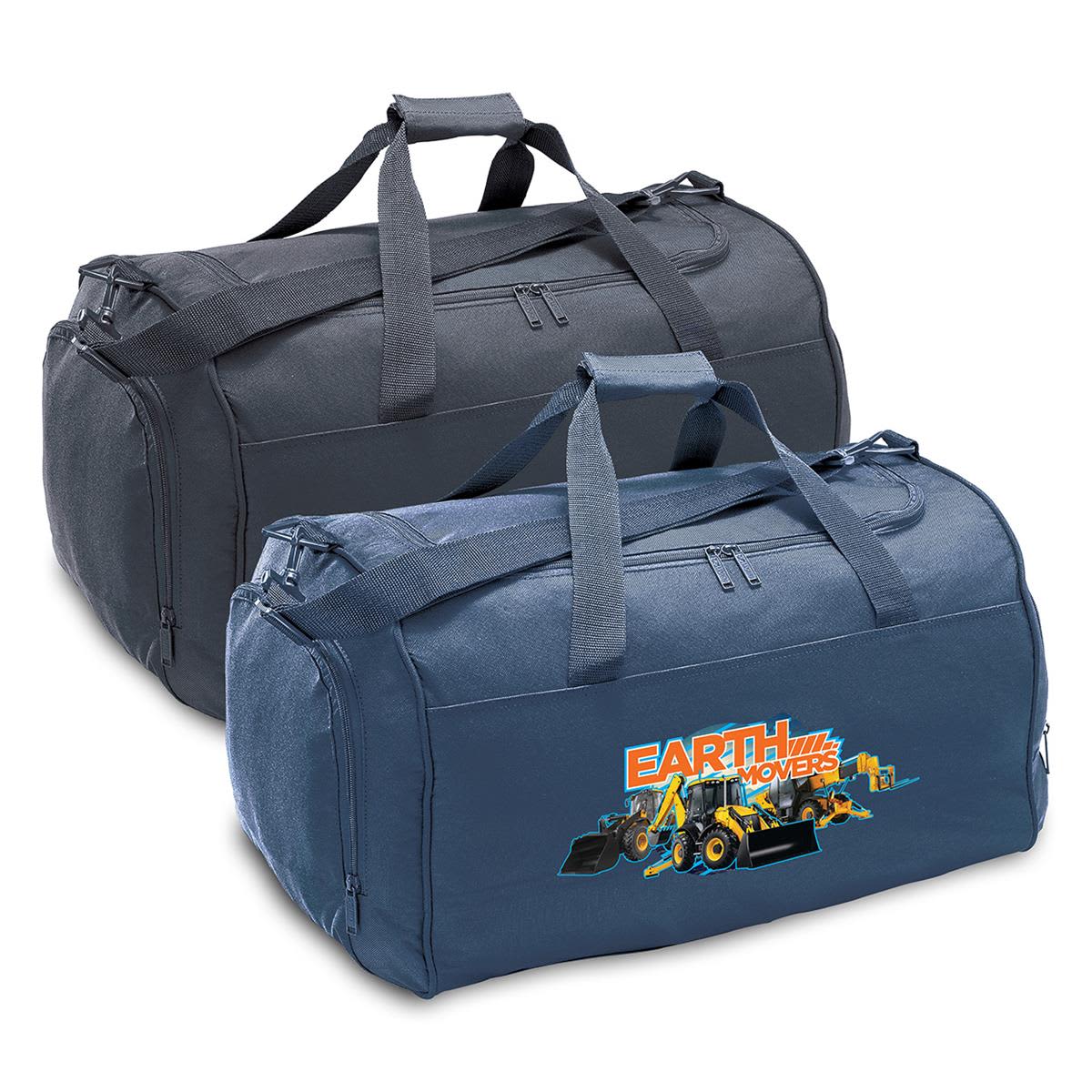 Two duffle bags in navy blue and black, one featuring a logo, with double handles for carrying. Basic Sports Bag - Image 1
