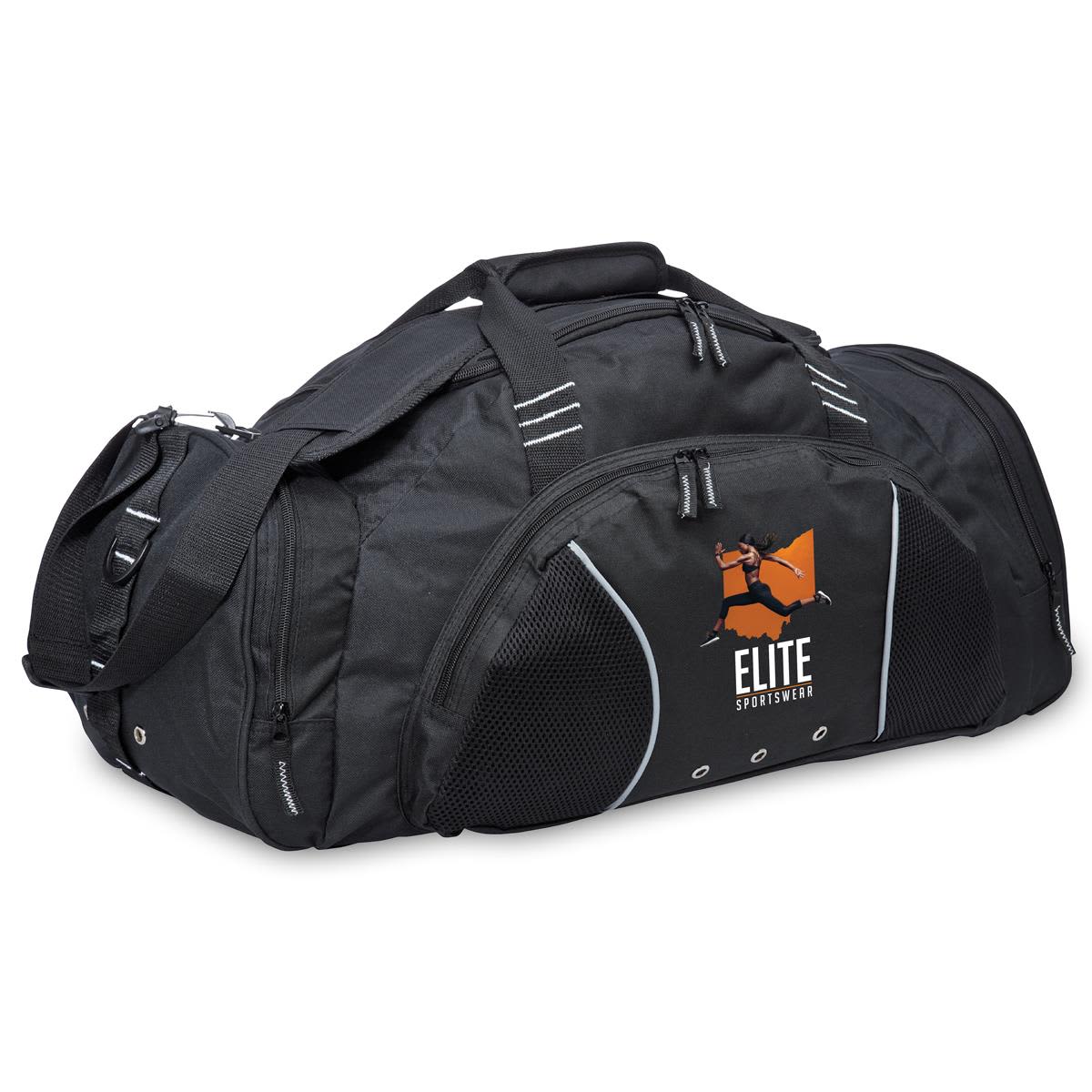 A black travel sports bag featuring mesh panels and a logo. It has dual handles and a shoulder strap for easy carrying. Travel Sports Bag - Image 1