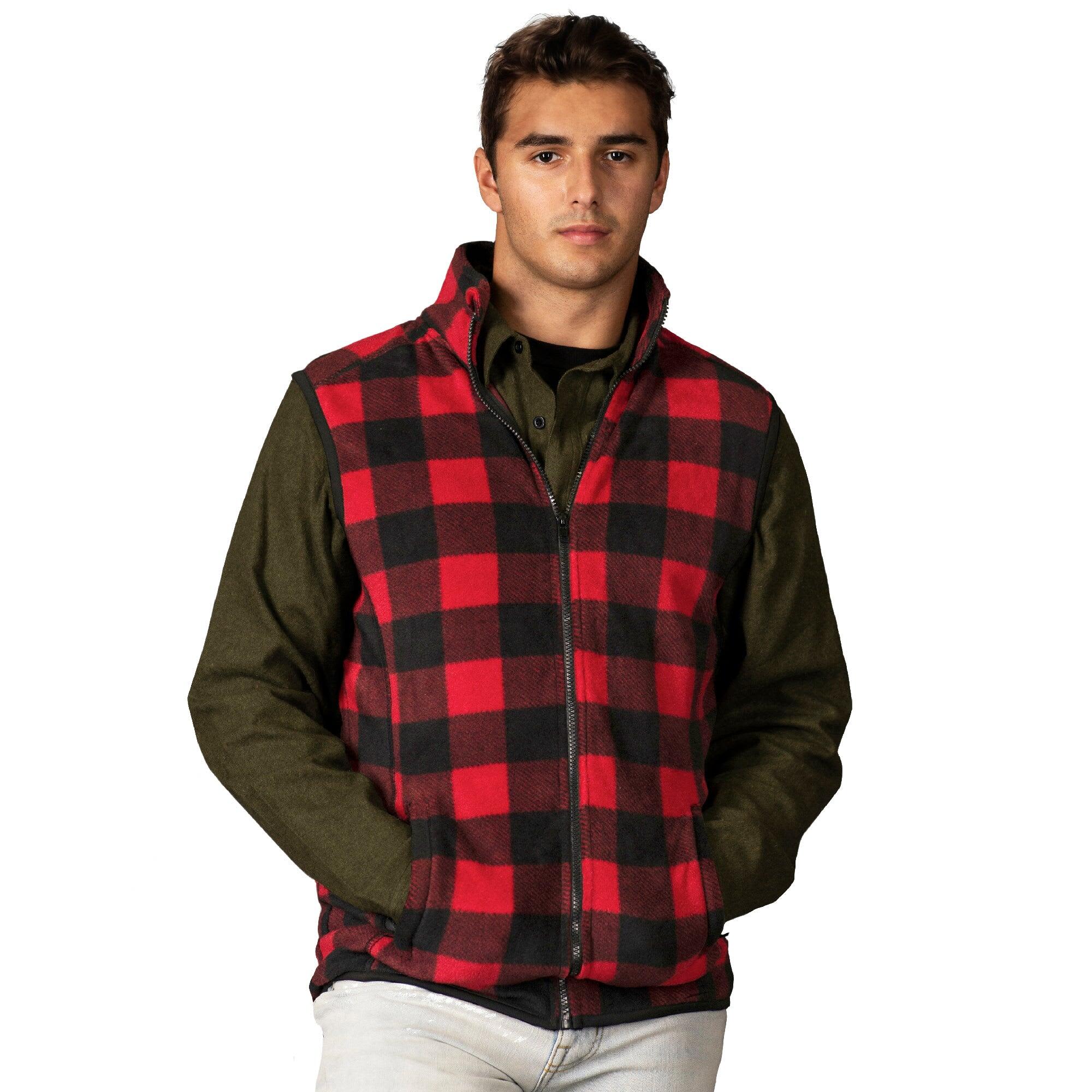 A red and black checkered fleece vest on a model, featuring a zip front and a collar. The vest has a logo. Full Zip Arctic Polar Fleece Vest - Image 1