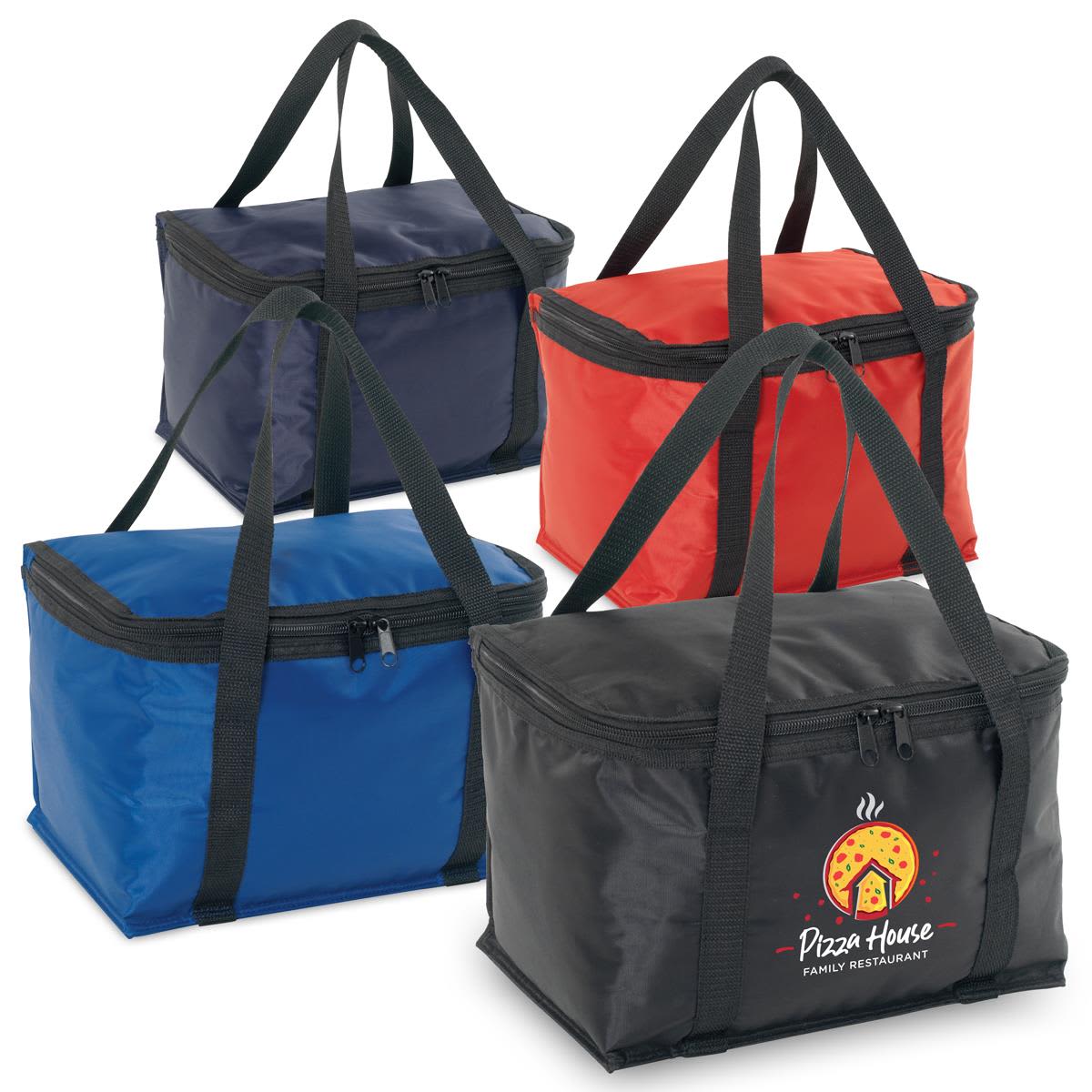 Four cooler bags in red, blue, charcoal, and navy colours, featuring sturdy handles and zippers. One bag displays a logo. Max Cooler - Image 1