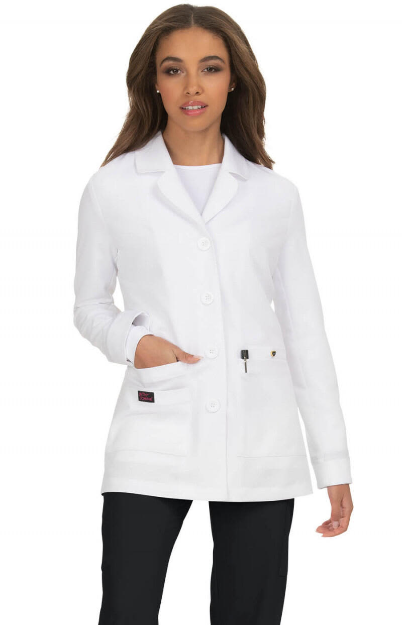 A white lab coat featuring a button-up front and pockets, worn by a model. It includes a logo on the coat. Canna Lab Coat - Image 1