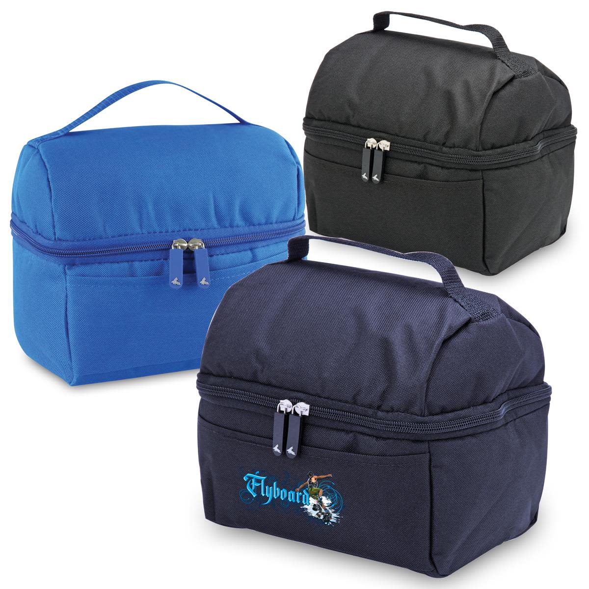 A set of lunch bags in blue and black, featuring zippered compartments and carrying handles. One has a logo. Cool Kit - Image 1